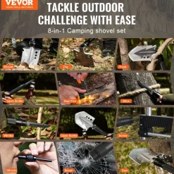 VEVOR Survival Shovel, 8 in 1 Camping Shovel Folding Multitool, Military Grade Portable Compact Tactical Shovel, Multifunction for Off-Roading, Camping, Hiking, Outdoor, Survivalist and Emergency