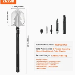 VEVOR Survival Shovel, 8 in 1 Camping Shovel Folding Multitool, Military Grade Portable Compact Tactical Shovel, Multifunction for Off-Roading, Camping, Hiking, Outdoor, Survivalist and Emergency
