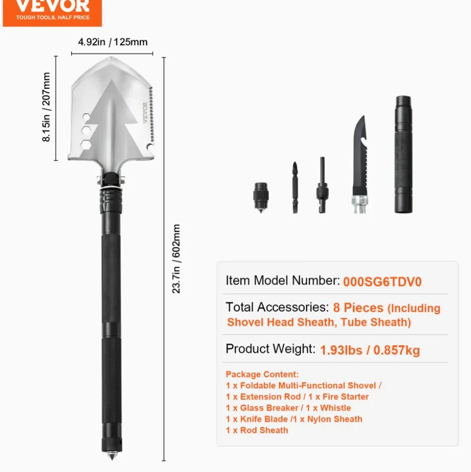 VEVOR Survival Shovel, 8 in 1 Camping Shovel Folding Multitool, Military Grade Portable Compact Tactical Shovel, Multifunction for Off-Roading, Camping, Hiking, Outdoor, Survivalist and Emergency