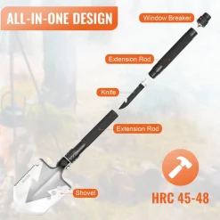 VEVOR Survival Shovel, 8 in 1 Camping Shovel Folding Multitool, Military Grade Portable Compact Tactical Shovel, Multifunction for Off-Roading, Camping, Hiking, Outdoor, Survivalist and Emergency