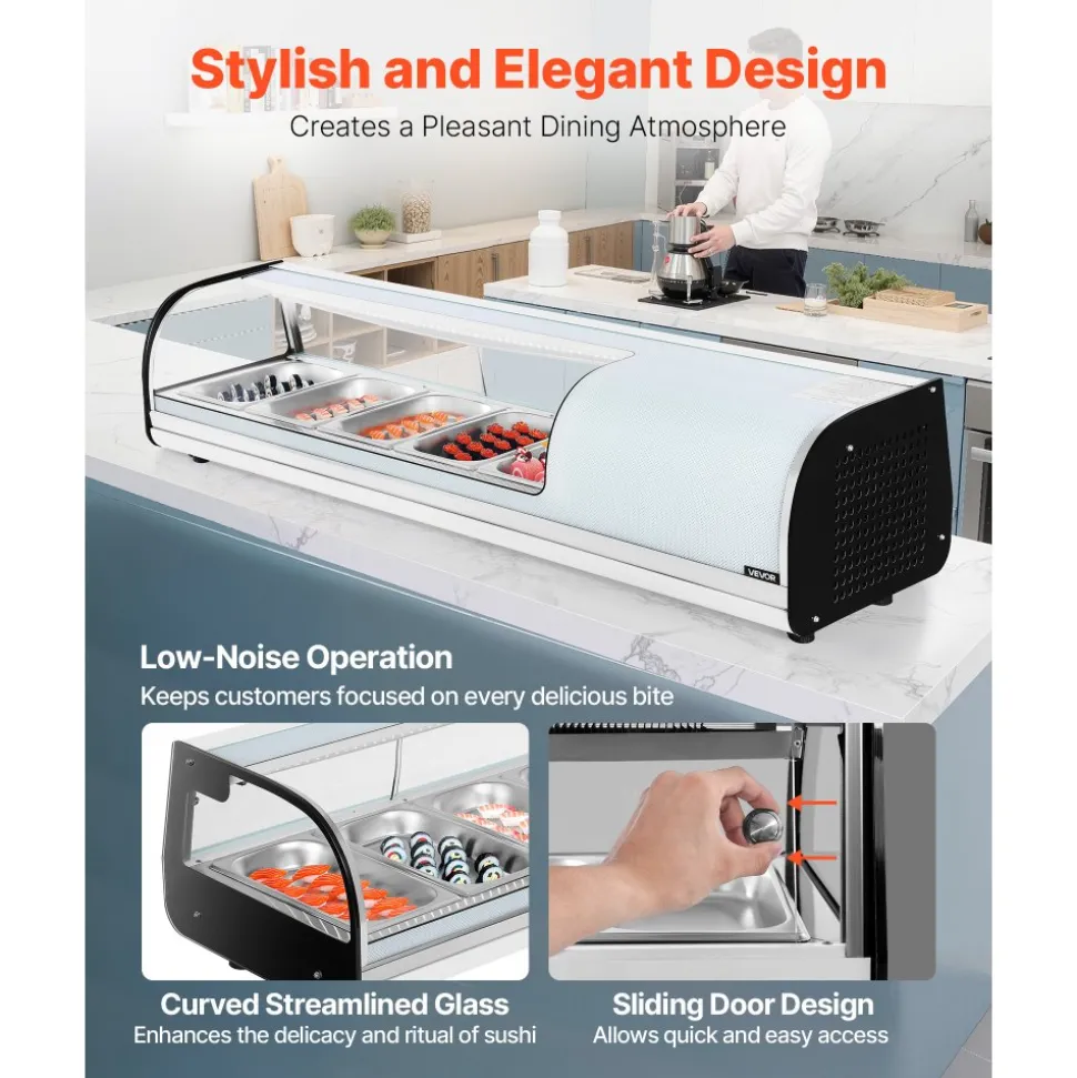 VEVOR Sushi Display Case Refrigerator, 1.8 Cu.ft Commercial Sushi Case, 5-Pan Countertop Showcase with Curved Glass, LED Lighting, and Digital Temperature Control, for Sushi-Bar, Restaurant, Store