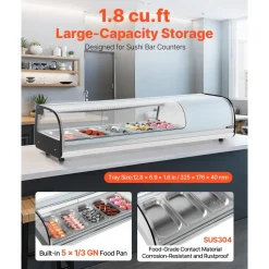 VEVOR Sushi Display Case Refrigerator, 1.8 Cu.ft Commercial Sushi Case, 5-Pan Countertop Showcase with Curved Glass, LED Lighting, and Digital Temperature Control, for Sushi-Bar, Restaurant, Store