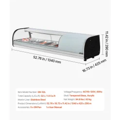 VEVOR Sushi Display Case Refrigerator, 1.8 Cu.ft Commercial Sushi Case, 5-Pan Countertop Showcase with Curved Glass, LED Lighting, and Digital Temperature Control, for Sushi-Bar, Restaurant, Store