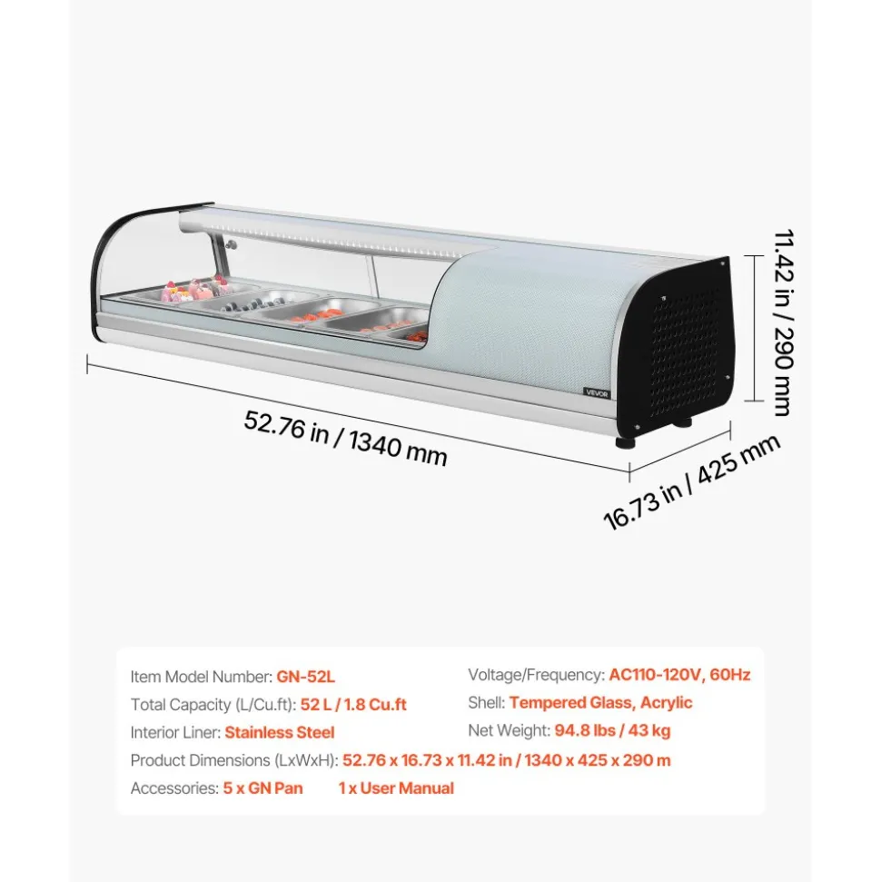 VEVOR Sushi Display Case Refrigerator, 1.8 Cu.ft Commercial Sushi Case, 5-Pan Countertop Showcase with Curved Glass, LED Lighting, and Digital Temperature Control, for Sushi-Bar, Restaurant, Store