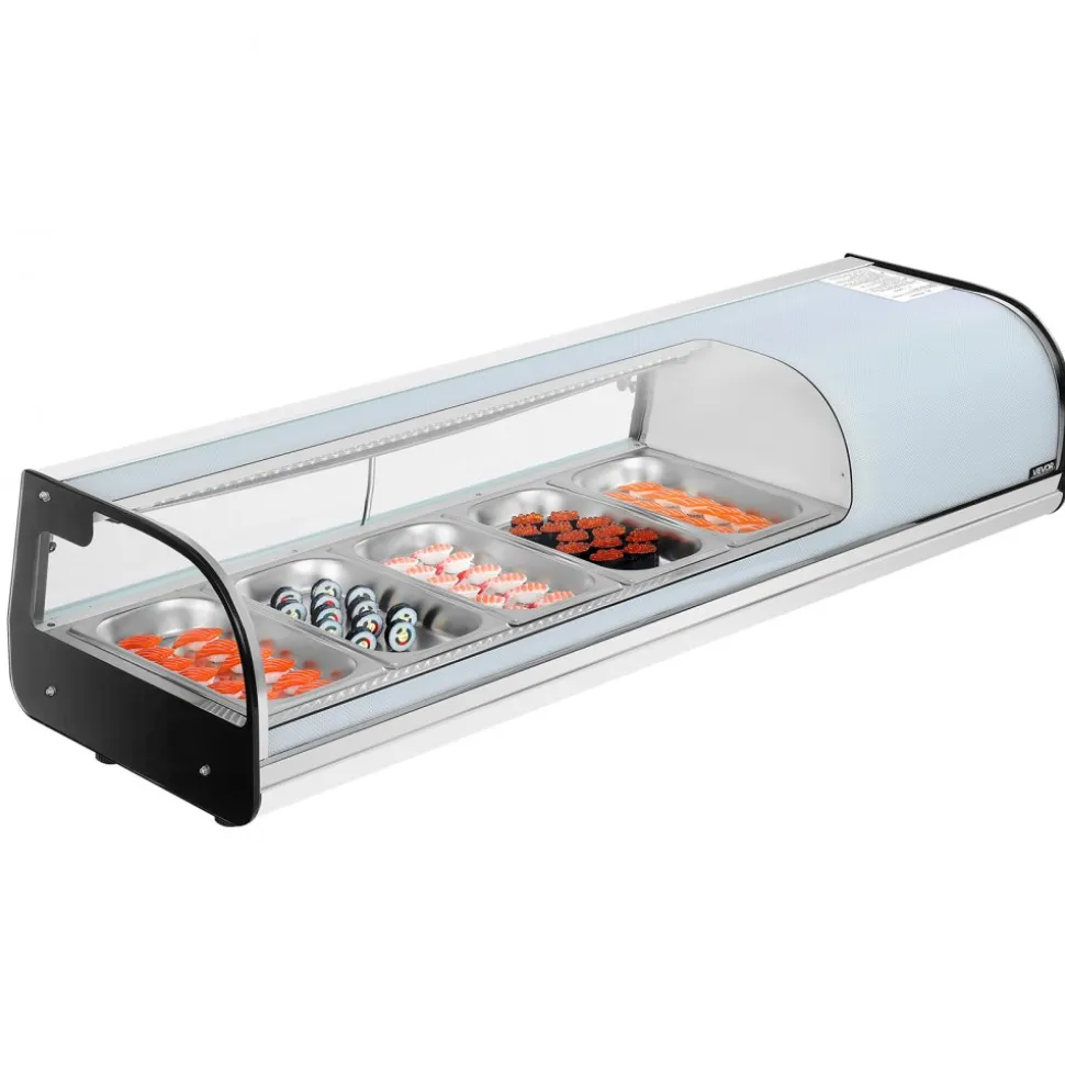 VEVOR Sushi Display Case Refrigerator, 1.8 Cu.ft Commercial Sushi Case, 5-Pan Countertop Showcase with Curved Glass, LED Lighting, and Digital Temperature Control, for Sushi-Bar, Restaurant, Store