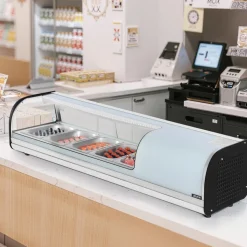 VEVOR Sushi Display Case Refrigerator, 1.8 Cu.ft Commercial Sushi Case, 5-Pan Countertop Showcase with Curved Glass, LED Lighting, and Digital Temperature Control, for Sushi-Bar, Restaurant, Store