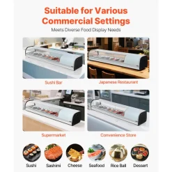 VEVOR Sushi Display Case Refrigerator, 2.5 Cu.ft Commercial Sushi Case, 7-Pan Countertop  Showcase with Curved Glass, LED Lighting, and Digital Temperature Control, for Sushi-Bar, Restaurant, Store