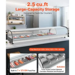 VEVOR Sushi Display Case Refrigerator, 2.5 Cu.ft Commercial Sushi Case, 7-Pan Countertop  Showcase with Curved Glass, LED Lighting, and Digital Temperature Control, for Sushi-Bar, Restaurant, Store