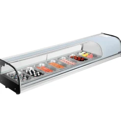 VEVOR Sushi Display Case Refrigerator, 2.5 Cu.ft Commercial Sushi Case, 7-Pan Countertop  Showcase with Curved Glass, LED Lighting, and Digital Temperature Control, for Sushi-Bar, Restaurant, Store