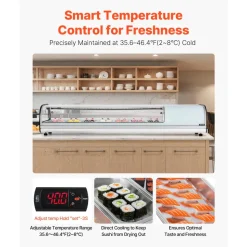 VEVOR Sushi Display Case Refrigerator, 2.5 Cu.ft Commercial Sushi Case, 7-Pan Countertop  Showcase with Curved Glass, LED Lighting, and Digital Temperature Control, for Sushi-Bar, Restaurant, Store