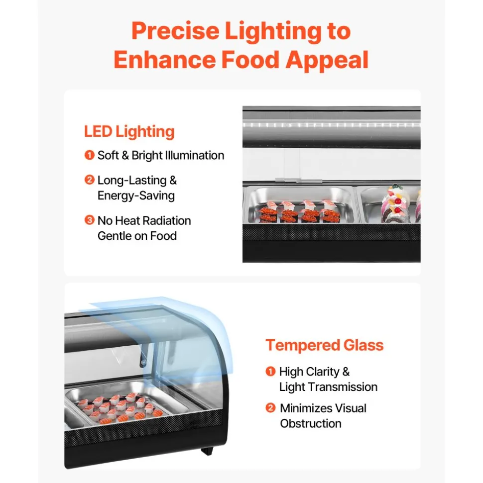 VEVOR Sushi Display Case Refrigerator, 2.9 Cu.ft Commercial Sushi Case, 5-Pan Countertop Showcase with Curved Glass, LED Lighting, and Digital Temperature Control, for Sushi-Bar, Restaurant, Store