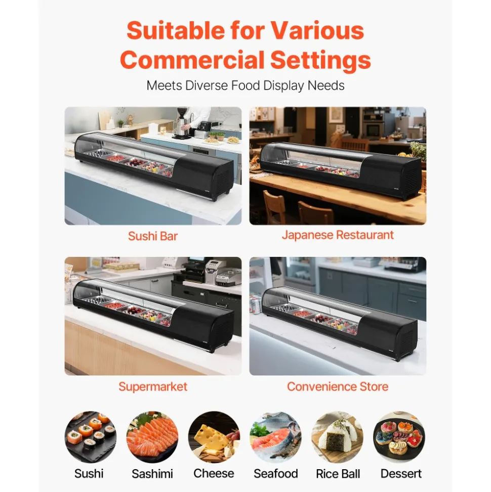 VEVOR Sushi Display Case Refrigerator, 2.9 Cu.ft Commercial Sushi Case, 5-Pan Countertop Showcase with Curved Glass, LED Lighting, and Digital Temperature Control, for Sushi-Bar, Restaurant, Store
