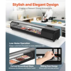 VEVOR Sushi Display Case Refrigerator, 2.9 Cu.ft Commercial Sushi Case, 5-Pan Countertop Showcase with Curved Glass, LED Lighting, and Digital Temperature Control, for Sushi-Bar, Restaurant, Store