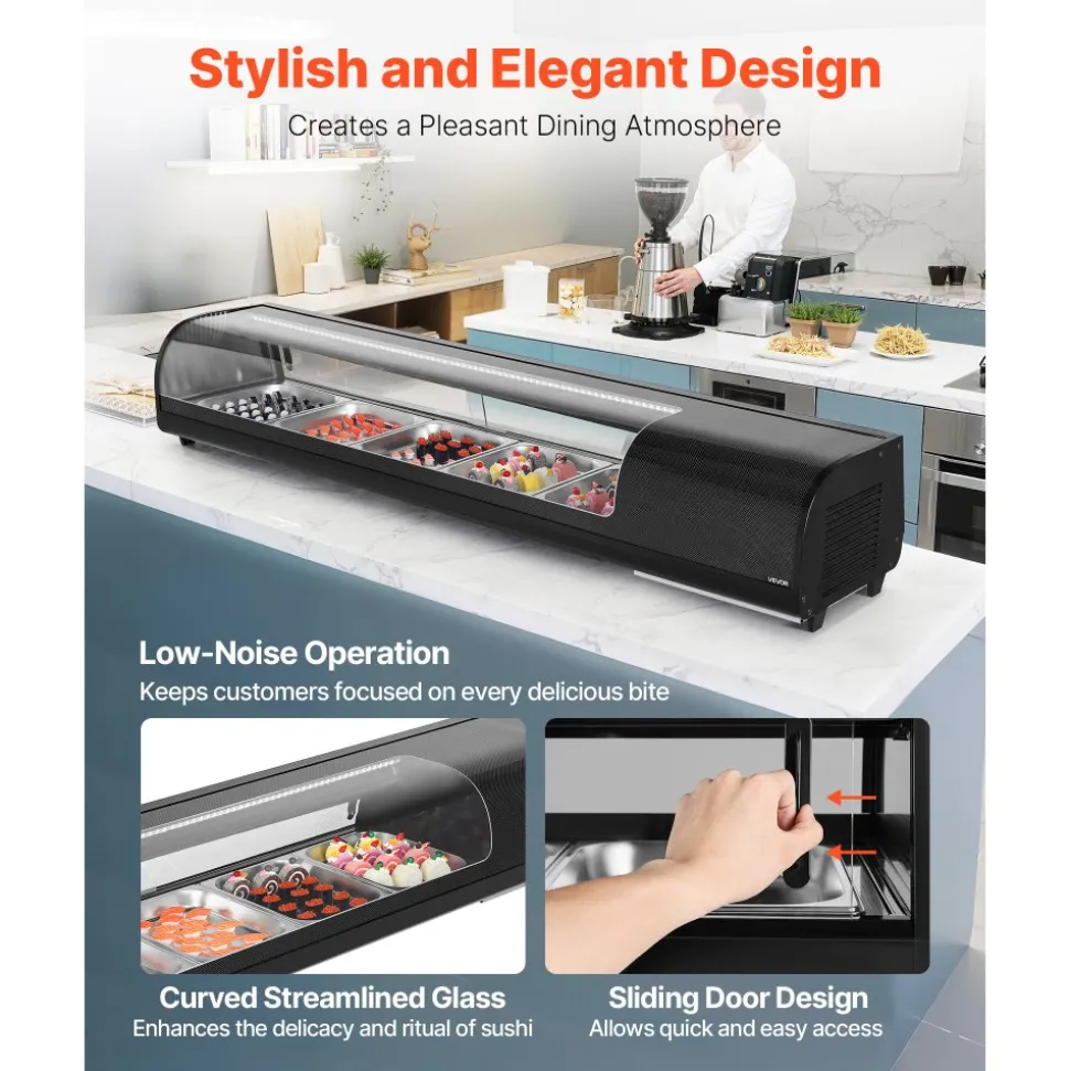 VEVOR Sushi Display Case Refrigerator, 2.9 Cu.ft Commercial Sushi Case, 5-Pan Countertop Showcase with Curved Glass, LED Lighting, and Digital Temperature Control, for Sushi-Bar, Restaurant, Store