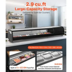 VEVOR Sushi Display Case Refrigerator, 2.9 Cu.ft Commercial Sushi Case, 5-Pan Countertop Showcase with Curved Glass, LED Lighting, and Digital Temperature Control, for Sushi-Bar, Restaurant, Store