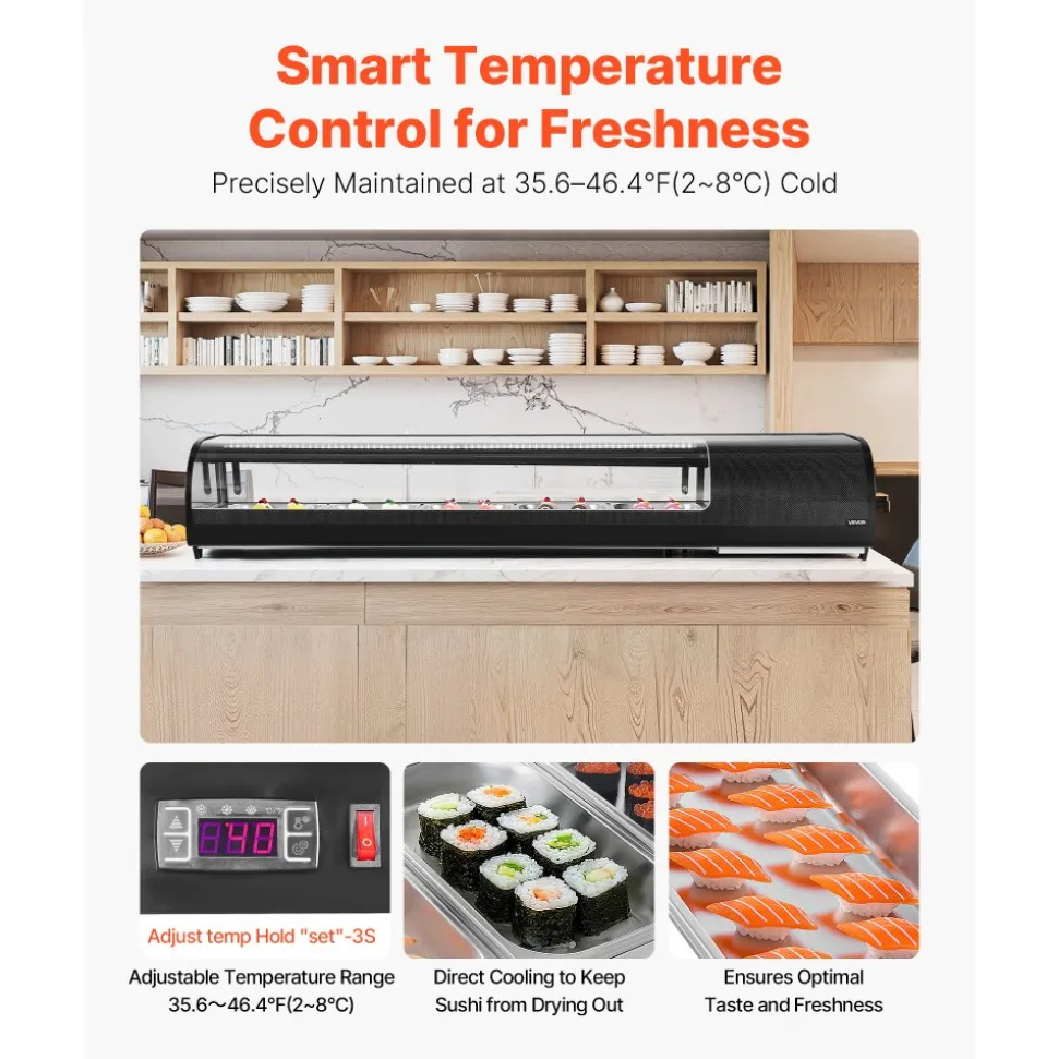 VEVOR Sushi Display Case Refrigerator, 2.9 Cu.ft Commercial Sushi Case, 5-Pan Countertop Showcase with Curved Glass, LED Lighting, and Digital Temperature Control, for Sushi-Bar, Restaurant, Store