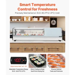 VEVOR Sushi Display Case Refrigerator, 1.5 Cu.ft Commercial Sushi Case, 4-Pan Countertop  Showcase with Curved Glass, LED Lighting, and Digital Temperature Control, for Sushi-Bar, Restaurant, Store