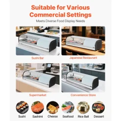 VEVOR Sushi Display Case Refrigerator, 1.5 Cu.ft Commercial Sushi Case, 4-Pan Countertop  Showcase with Curved Glass, LED Lighting, and Digital Temperature Control, for Sushi-Bar, Restaurant, Store