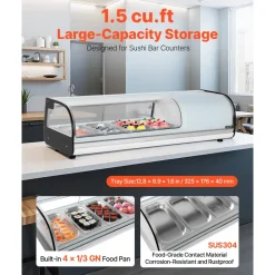 VEVOR Sushi Display Case Refrigerator, 1.5 Cu.ft Commercial Sushi Case, 4-Pan Countertop  Showcase with Curved Glass, LED Lighting, and Digital Temperature Control, for Sushi-Bar, Restaurant, Store