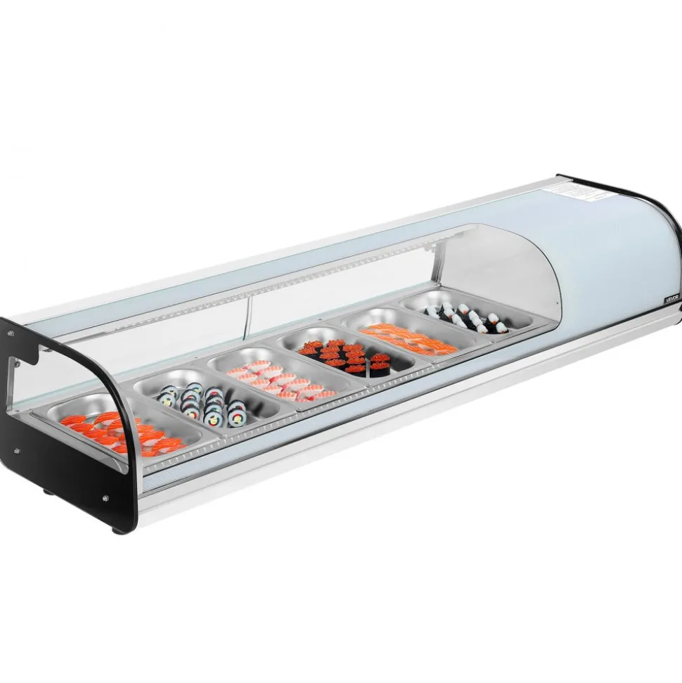 VEVOR Sushi Display Case Refrigerator, 2.2 Cu.ft Commercial Sushi Case, 6-Pan Countertop Showcase with Curved Glass, LED Lighting, and Digital Temperature Control, for Sushi-Bar, Restaurant, Store
