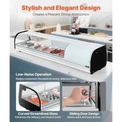VEVOR Sushi Display Case Refrigerator, 2.2 Cu.ft Commercial Sushi Case, 6-Pan Countertop Showcase with Curved Glass, LED Lighting, and Digital Temperature Control, for Sushi-Bar, Restaurant, Store