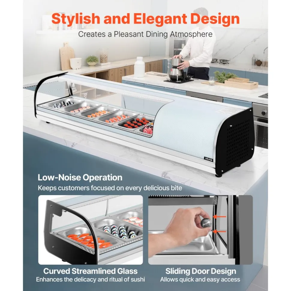 VEVOR Sushi Display Case Refrigerator, 2.2 Cu.ft Commercial Sushi Case, 6-Pan Countertop Showcase with Curved Glass, LED Lighting, and Digital Temperature Control, for Sushi-Bar, Restaurant, Store