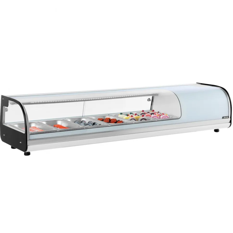 VEVOR Sushi Display Case Refrigerator, 2.2 Cu.ft Commercial Sushi Case, 6-Pan Countertop Showcase with Curved Glass, LED Lighting, and Digital Temperature Control, for Sushi-Bar, Restaurant, Store