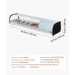 VEVOR Sushi Display Case Refrigerator, 2.2 Cu.ft Commercial Sushi Case, 6-Pan Countertop Showcase with Curved Glass, LED Lighting, and Digital Temperature Control, for Sushi-Bar, Restaurant, Store