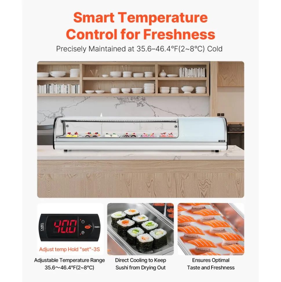 VEVOR Sushi Display Case Refrigerator, 2.2 Cu.ft Commercial Sushi Case, 6-Pan Countertop Showcase with Curved Glass, LED Lighting, and Digital Temperature Control, for Sushi-Bar, Restaurant, Store