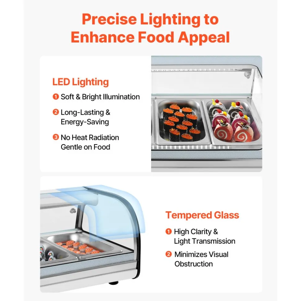 VEVOR Sushi Display Case Refrigerator, 2.2 Cu.ft Commercial Sushi Case, 6-Pan Countertop Showcase with Curved Glass, LED Lighting, and Digital Temperature Control, for Sushi-Bar, Restaurant, Store