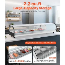VEVOR Sushi Display Case Refrigerator, 2.2 Cu.ft Commercial Sushi Case, 6-Pan Countertop Showcase with Curved Glass, LED Lighting, and Digital Temperature Control, for Sushi-Bar, Restaurant, Store