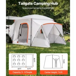 VEVOR SUV Camping Tent for 5-9 Person, 13 x 10 FT 3-Season SUV Tailgate Tent with Ventilated Windows, PU2000mm Waterproof Dual-Use Car Rear Hatch Tents for Outdoor Hiking Travels