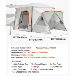 VEVOR SUV Camping Tent for 5-9 Person, 13 x 10 FT 3-Season SUV Tailgate Tent with Ventilated Windows, PU2000mm Waterproof Dual-Use Car Rear Hatch Tents for Outdoor Hiking Travels