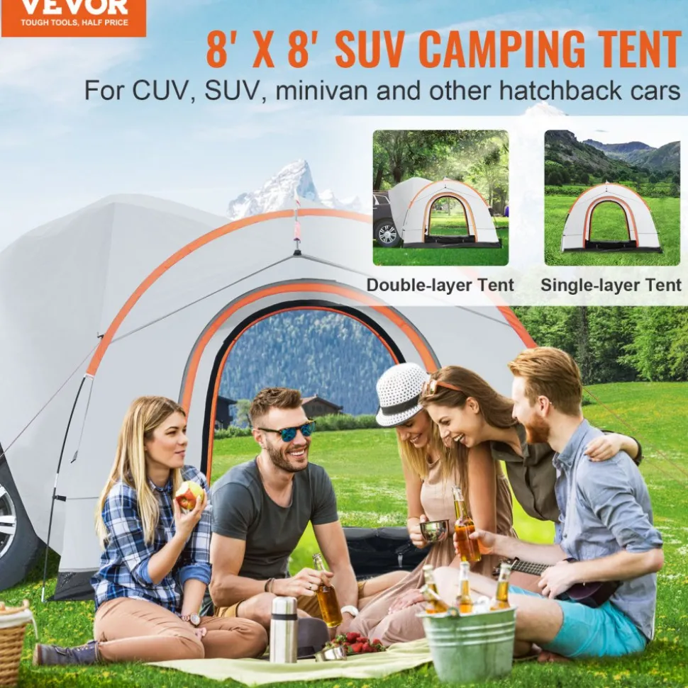 VEVOR SUV Camping Tent, 8'-8' SUV Tent Attachment for Camping with Rain Layer and Carry Bag, PU2000mm Double Layer Truck Tent, Accommodate 6-8 Person, Rear Tent for Van Hatch Tailgate