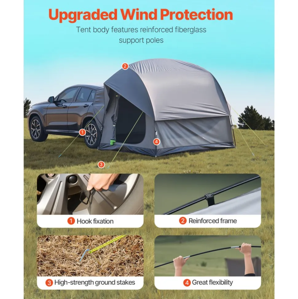 VEVOR SUV Tent for Camping, 8FT L x 8FT W, Waterproof PU2000mm Spacious Double Layer Design for 5-8 Person, SUV Camping Tent with Mesh Windows, Includes Rainfly & Storage Bag, for Outdoor Activities