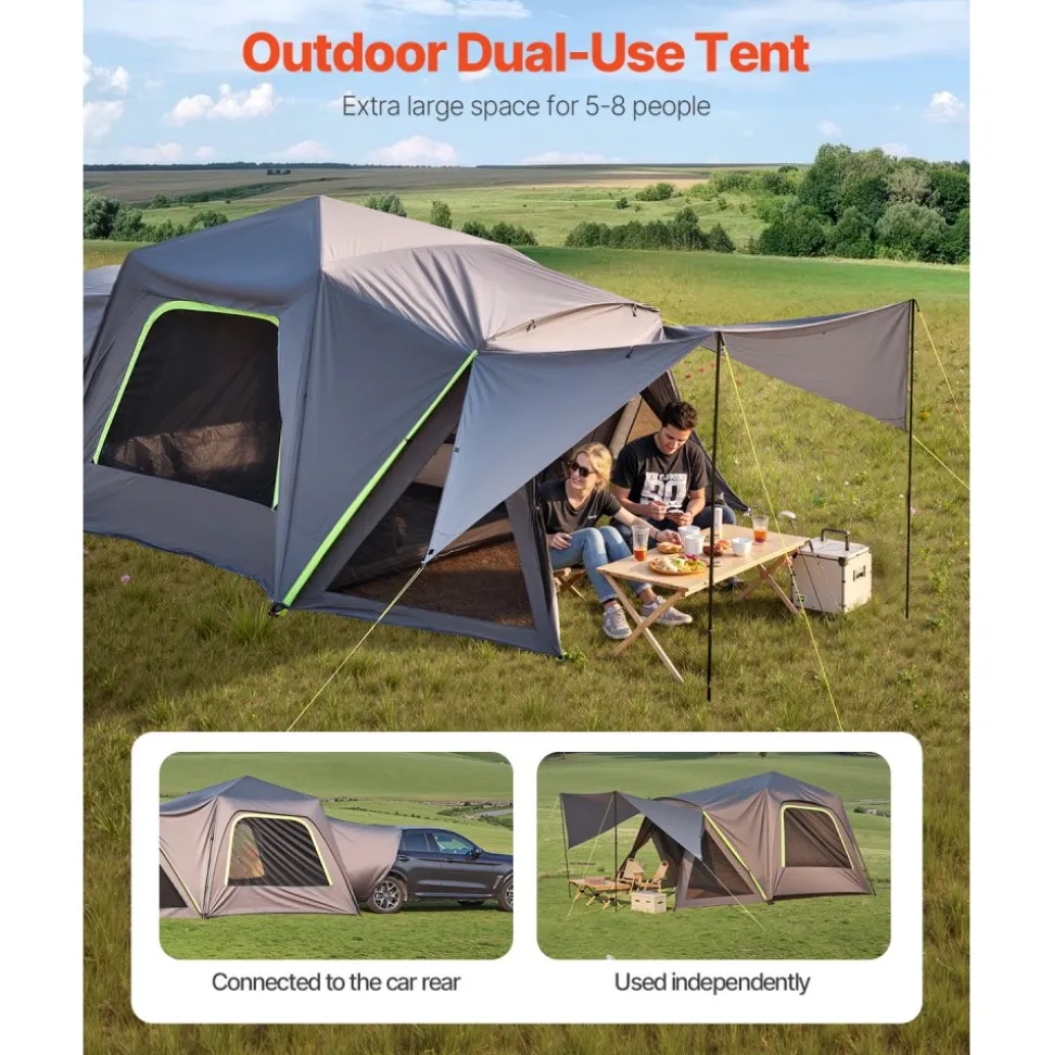VEVOR SUV Tent for Camping, 10FT L x 10FT W, Waterproof PU2000mm Spacious Double Layer Design for 5-8 Person, SUV Camping Tent with Shade Awning and Mesh Windows, Includes Rainfly and Storage Bag