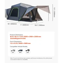 VEVOR SUV Tent for Camping, 10FT L x 10FT W, Waterproof PU2000mm Spacious Double Layer Design for 5-8 Person, SUV Camping Tent with Shade Awning and Mesh Windows, Includes Rainfly and Storage Bag