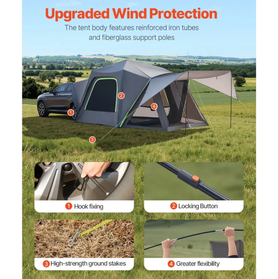 VEVOR SUV Tent for Camping, 10FT L x 10FT W, Waterproof PU2000mm Spacious Double Layer Design for 5-8 Person, SUV Camping Tent with Shade Awning and Mesh Windows, Includes Rainfly and Storage Bag