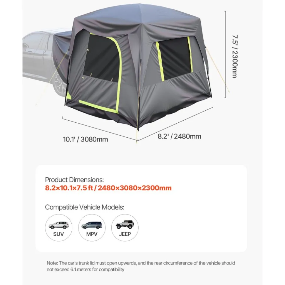 VEVOR SUV Tent for Camping, 10FT L x 8FT W, Waterproof PU2000mm Spacious Double Layer Design for 5-8 Person, SUV Camping Tent with Mesh Windows, Includes Rainfly & Storage Bag, for Outdoor Activities