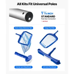 VEVOR Swimming Pool Cleaning Kit, Includes 2 Detachable Brush Heads (20 Inch / 5.5 Inch) and 2 Pool Skimmer Nets, 4-in-1 Inground/Above Ground Pools Cleaning Tools Set for Leaf, Fine Mesh, No Poles
