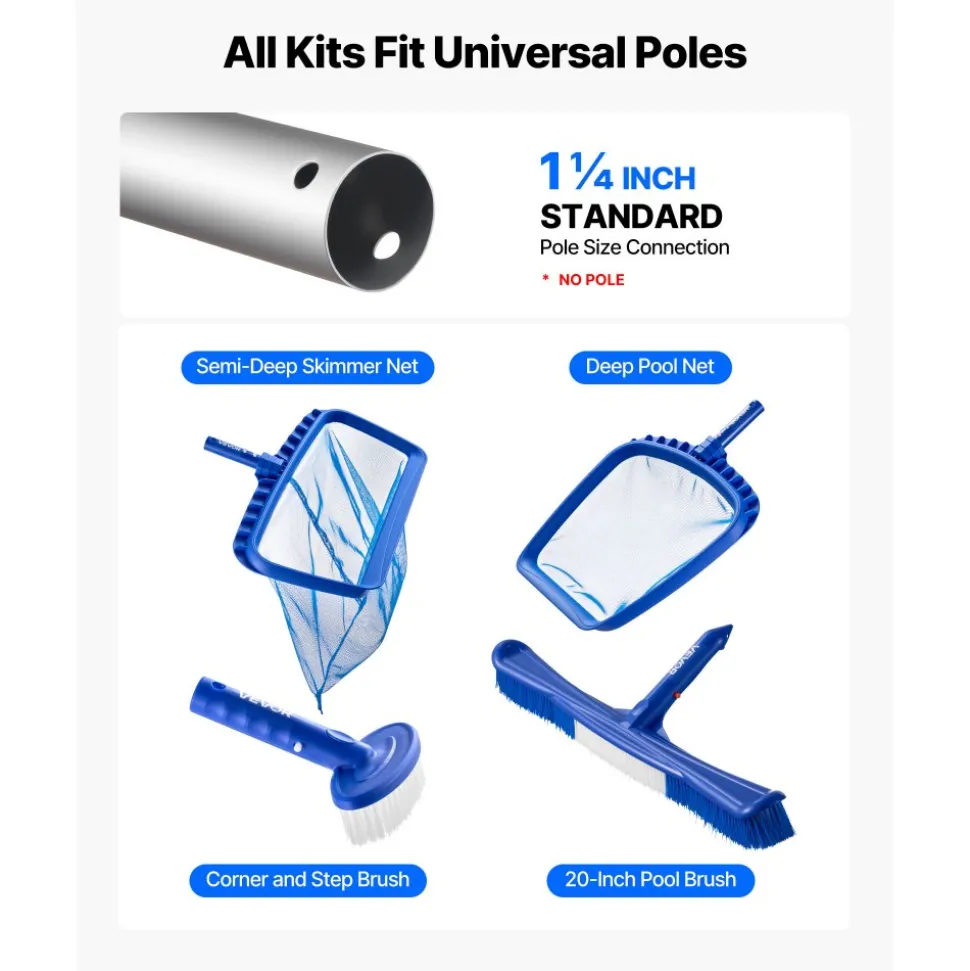 VEVOR Swimming Pool Cleaning Kit, Includes 2 Detachable Brush Heads (20 Inch / 5.5 Inch) and 2 Pool Skimmer Nets, 4-in-1 Inground/Above Ground Pools Cleaning Tools Set for Leaf, Fine Mesh, No Poles