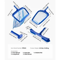 VEVOR Swimming Pool Cleaning Kit, Includes 2 Detachable Brush Heads (20 Inch / 5.5 Inch) and 2 Pool Skimmer Nets, 4-in-1 Inground/Above Ground Pools Cleaning Tools Set for Leaf, Fine Mesh, No Poles