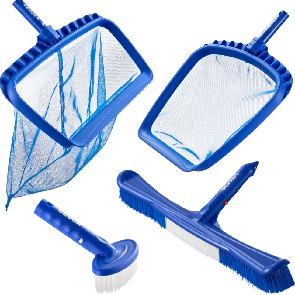 VEVOR Swimming Pool Cleaning Kit, Includes 2 Detachable Brush Heads (20 Inch / 5.5 Inch) and 2 Pool Skimmer Nets, 4-in-1 Inground/Above Ground Pools Cleaning Tools Set for Leaf, Fine Mesh, No Poles