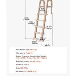 VEVOR Swimming Pool Ladder, Inclined 5-Step Double Handrails Stair, Non-slip Wide Step, 300 lbs Load Capacity, for 48-54 in Inground & Above-ground Pools, Any Deck Surface, Indoor & Outdoor, Taupe