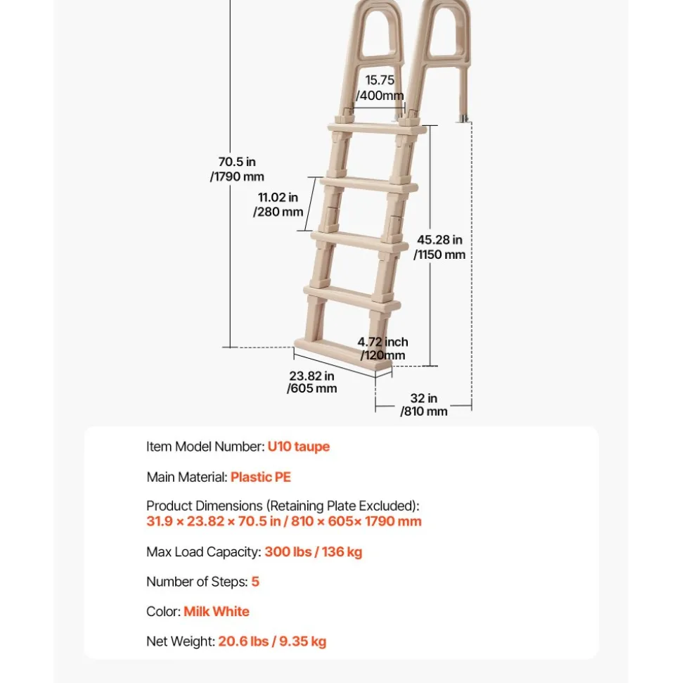 VEVOR Swimming Pool Ladder, Inclined 5-Step Double Handrails Stair, Non-slip Wide Step, 300 lbs Load Capacity, for 48-54 in Inground & Above-ground Pools, Any Deck Surface, Indoor & Outdoor, Taupe