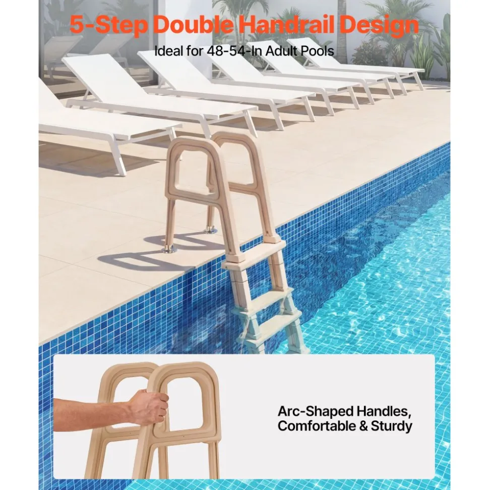 VEVOR Swimming Pool Ladder, Inclined 5-Step Double Handrails Stair, Non-slip Wide Step, 300 lbs Load Capacity, for 48-54 in Inground & Above-ground Pools, Any Deck Surface, Indoor & Outdoor, Taupe