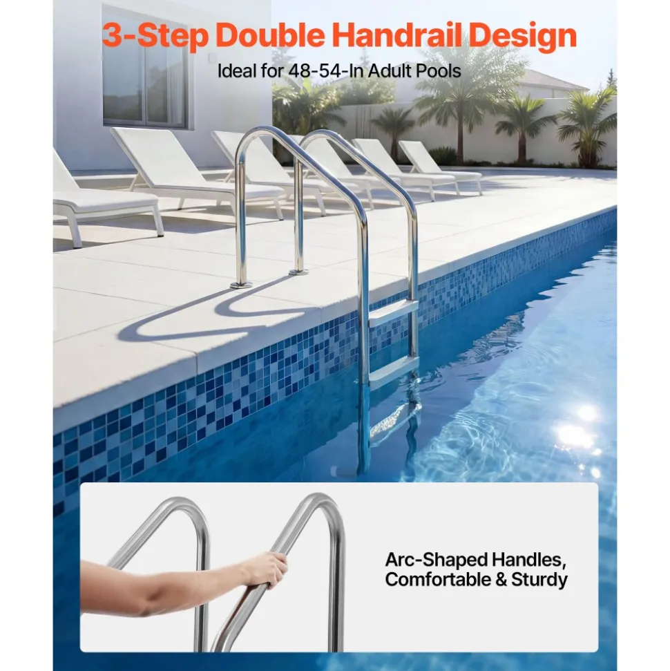 VEVOR Swimming Pool Ladder, 3-Step Stairs with Double Handrails, Non-slip Heavy Duty Wide Steps, Stainless Steel Frame, 265 lbs Capacity for 48-54 in Inground Pools Entry/Exits, Indoor & Outdoor