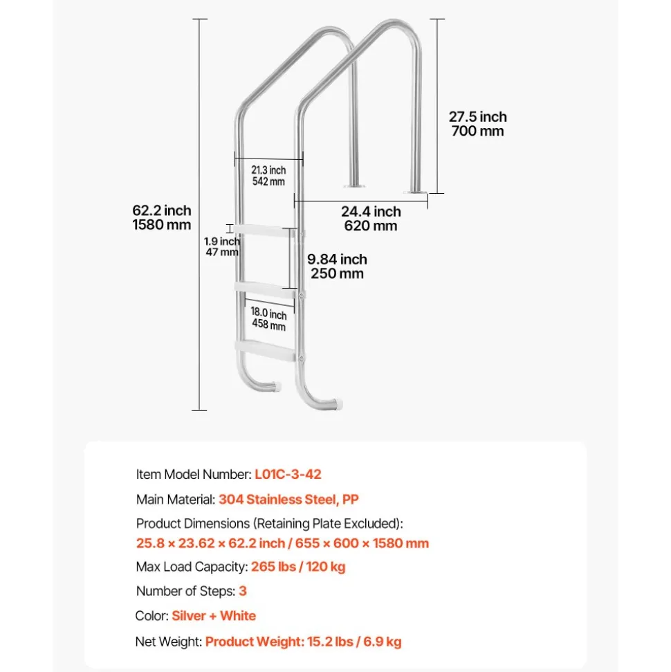 VEVOR Swimming Pool Ladder, 3-Step Stairs with Double Handrails, Non-slip Heavy Duty Wide Steps, Stainless Steel Frame, 265 lbs Capacity for 48-54 in Inground Pools Entry/Exits, Indoor & Outdoor