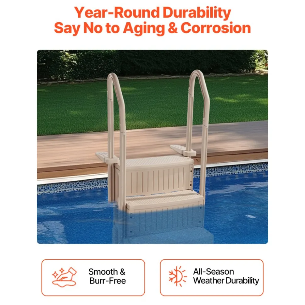 VEVOR Swimming Pool Ladder, 3-Step Double Handrails Stairs with Non-slip Heavy Duty Steps, Max Load Capacity 400 lbs, for 36-48 Inch Inground & Above-ground Pools of Any Decking Surface, Taupe