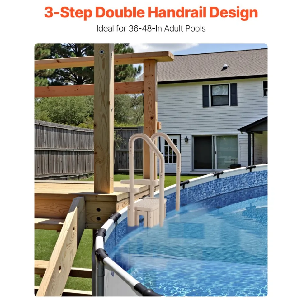 VEVOR Swimming Pool Ladder, 3-Step Double Handrails Stairs with Non-slip Heavy Duty Steps, Max Load Capacity 400 lbs, for 36-48 Inch Inground & Above-ground Pools of Any Decking Surface, Taupe